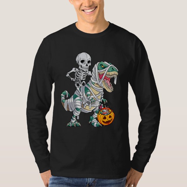 Camiseta Skeleton Riding Mummy Dinosaur rex Halloween  Pump (Frente)