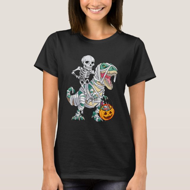 Camiseta Skeleton Riding Mummy Dinosaur rex Halloween  Pump (Frente)