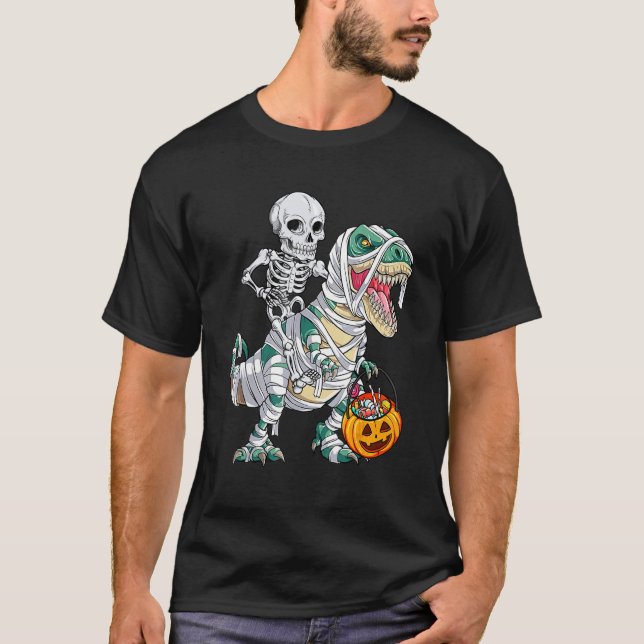 Camiseta Skeleton Riding Mummy Dinosaur rex Halloween  Pump (Frente)