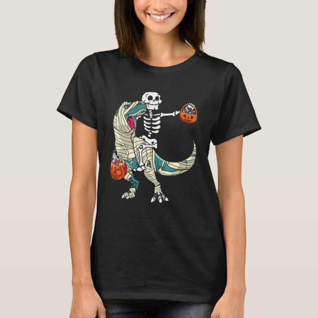 Camiseta Skeleton Riding Mummy Dinosaur rex Halloween Pump (Frente)