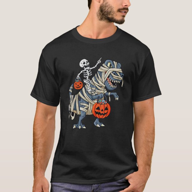 Camiseta Skeleton Riding Mummy Dinosaur rex Halloween Pump (Frente)