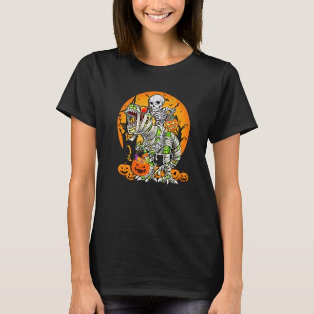 Camiseta Skeleton Riding Mummy Dinosaur rex Halloween  Pump (Frente)