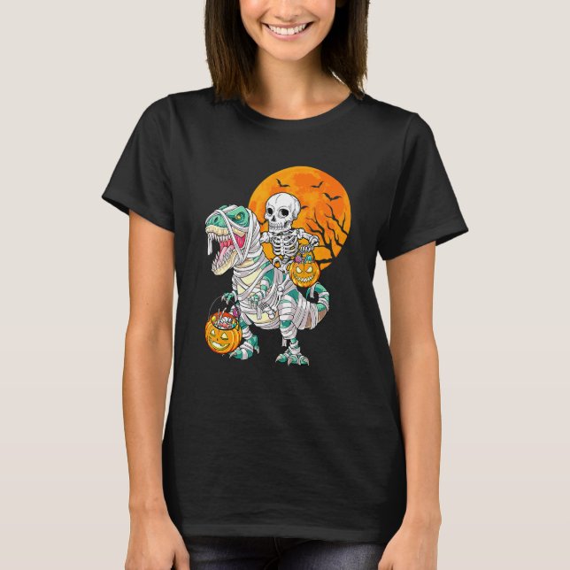 Camiseta Skeleton Riding Mummy Dinosaur Rex Halloween  Pump (Frente)