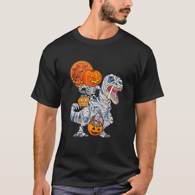 Camiseta Skeleton Riding Mummy Dinosaur Rex Halloween Pump (Frente)