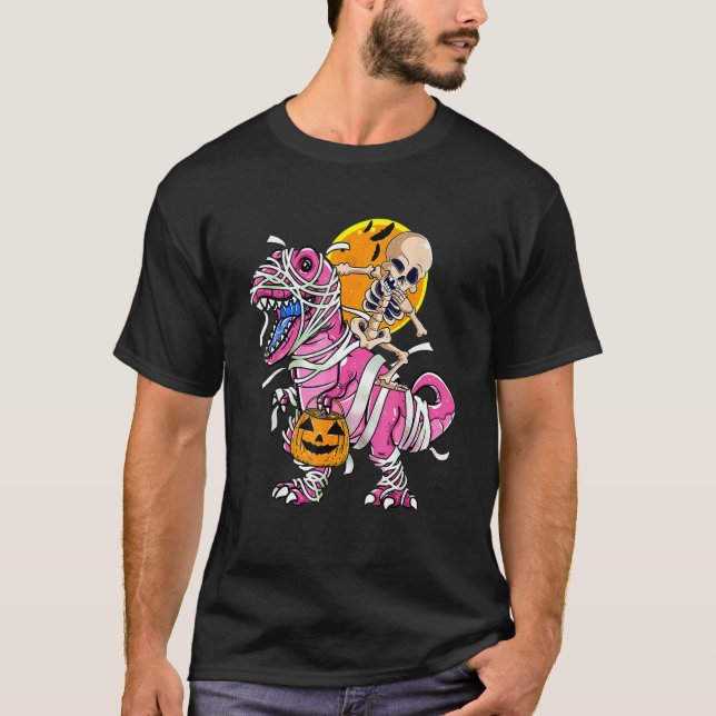 Camiseta Skeleton Riding Mummy Dinosaur rex Halloween  Pump (Frente)