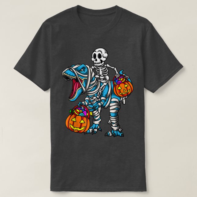 Camiseta Skeleton Riding Mummy Dinosaur T Re Halloween Pump (Frente do Design)