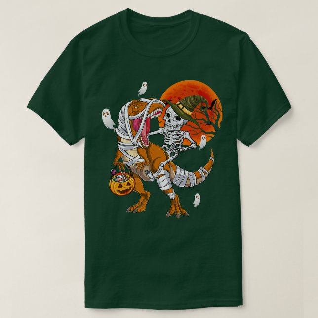 Camiseta Skeleton Riding Mummy Dinosaur T rex Engraçado Hal (Frente do Design)
