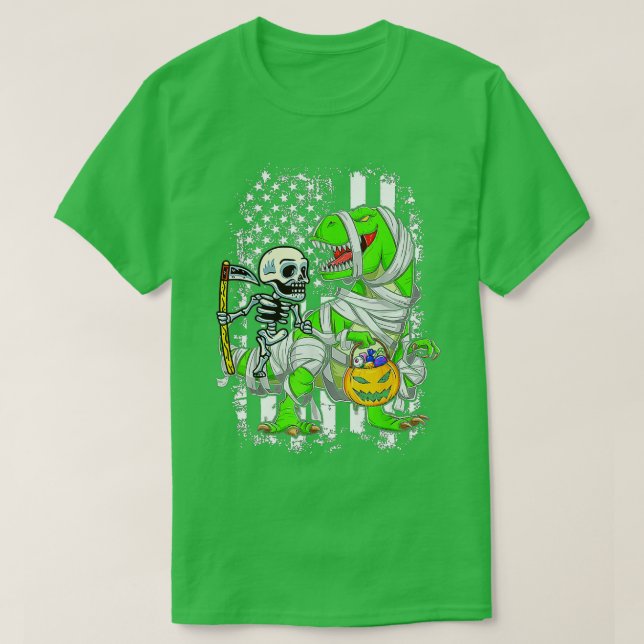Camiseta Skeleton Riding Mummy Dinosaur T rex Halloween (Frente do Design)