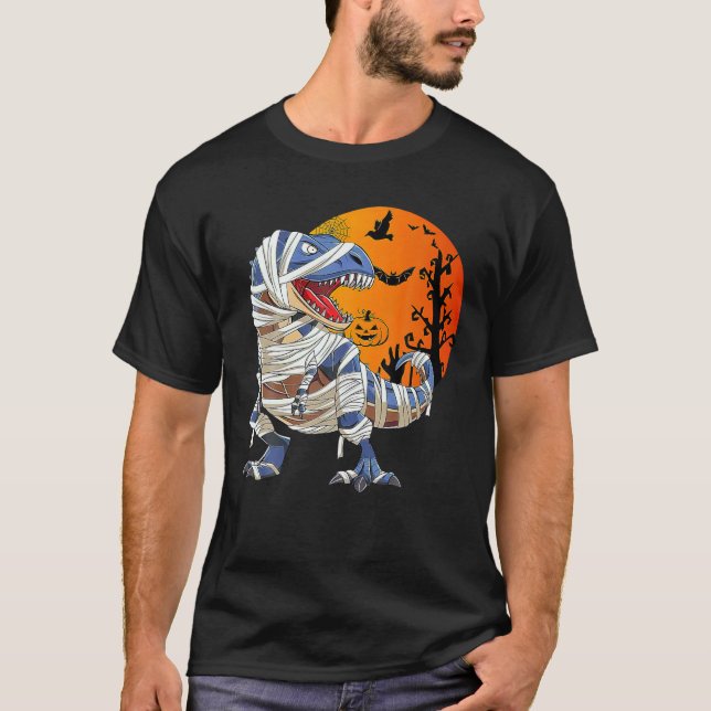Camiseta Skeleton Riding Mummy Dinosaur T Rex Halloween (Frente)