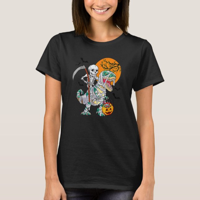 Camiseta Skeleton Riding Mummy Dinosaur T Rex Halloween (Frente)