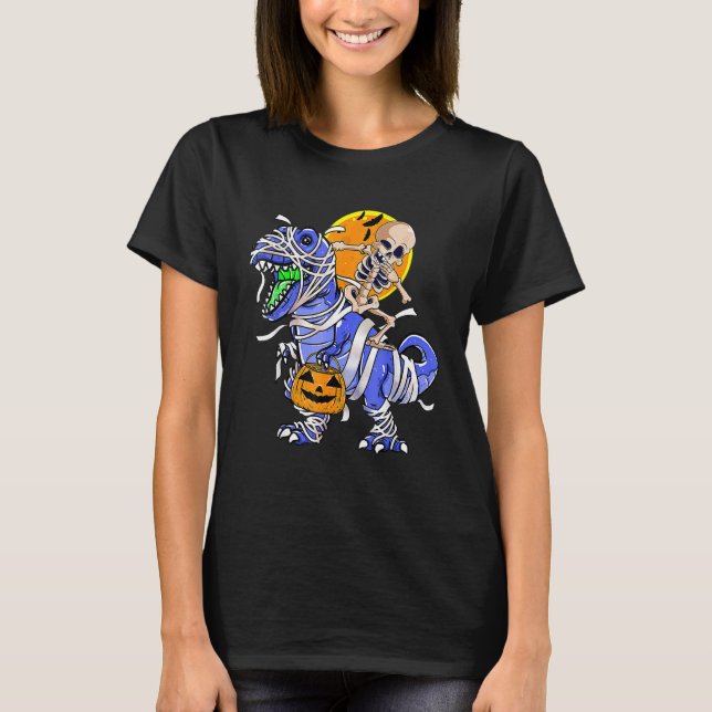Camiseta Skeleton Riding Mummy Dinosaur T rex Halloween (Frente)