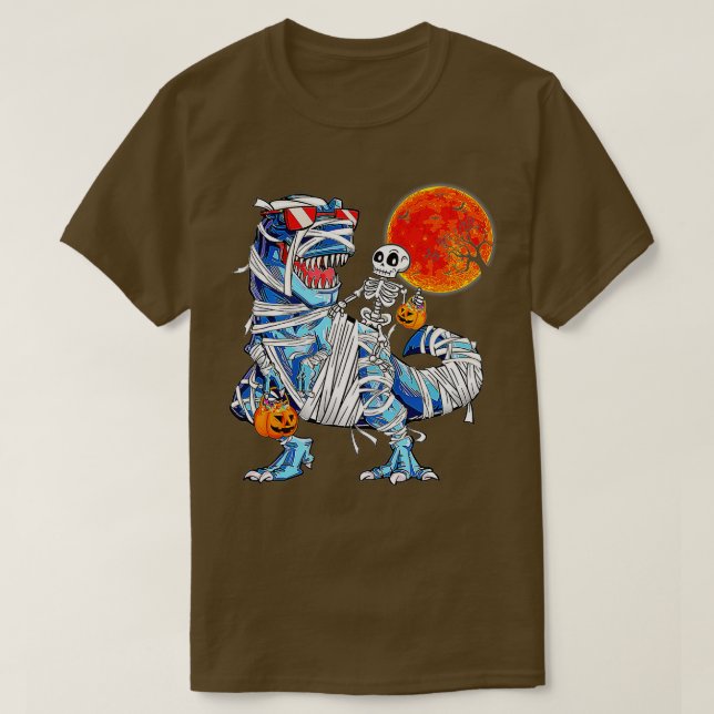 Camiseta Skeleton Riding Mummy Dinosaur T Rex Halloween (Frente do Design)