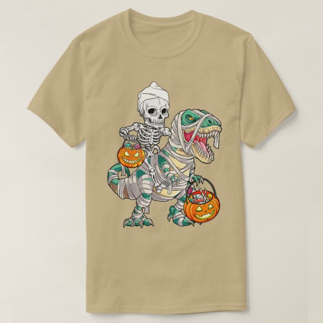 Camiseta Skeleton Riding Mummy Dinosaur T Rex Halloween (Frente do Design)