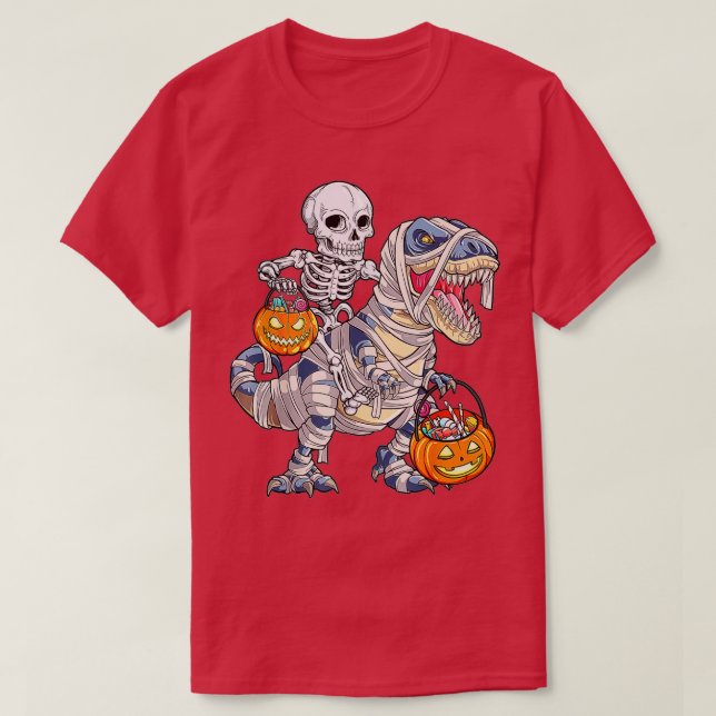 Camiseta Skeleton Riding Mummy Dinosaur T rex Halloween (Frente do Design)