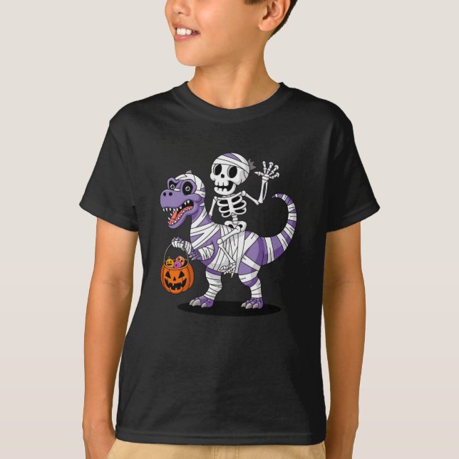 Camiseta Skeleton Riding Mummy Dinosaur T rex Halloween (Frente)