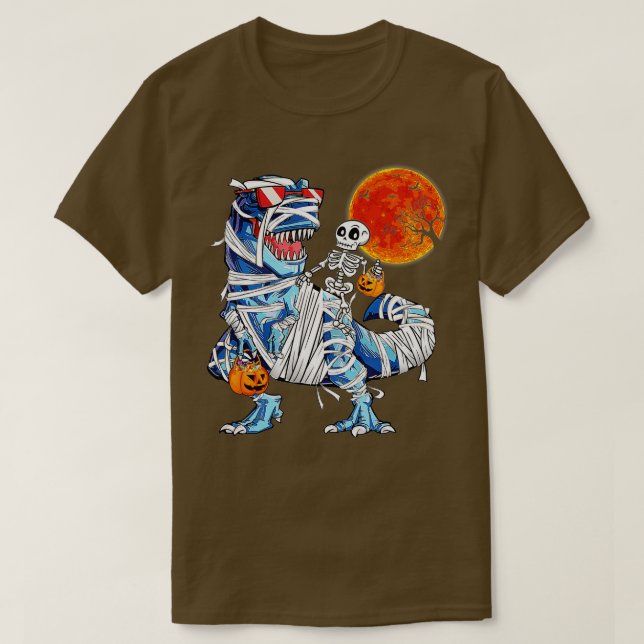 Camiseta Skeleton Riding Mummy Dinosaur T rex Halloween (Frente do Design)