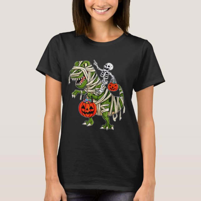 Camiseta Skeleton Riding Mummy Dinosaur T rex Halloween (Frente)