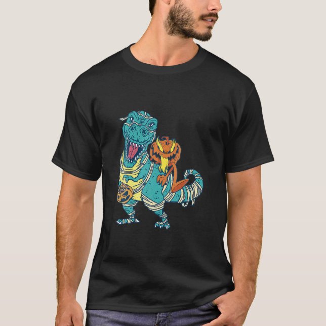 Camiseta Skeleton Riding Mummy Dinosaur T Rex Halloween Fun (Frente)