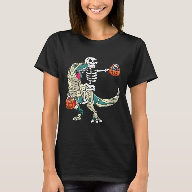 Camiseta Skeleton Riding Mummy Dinosaur T Rex Halloween Fun (Frente)