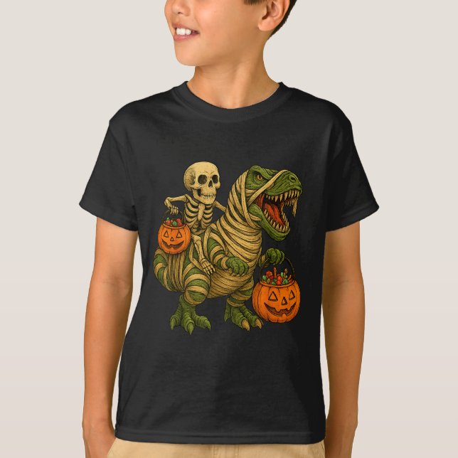 Camiseta Skeleton Riding Mummy Dinosaur T Rex Halloween Fun (Frente)