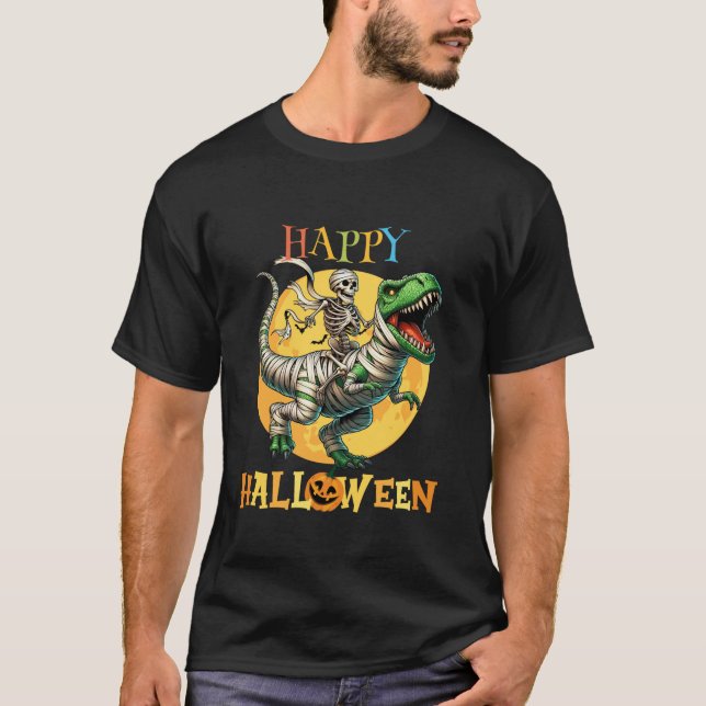 Camiseta Skeleton Riding Mummy Dinosaur T Rex Happy Hallowe (Frente)