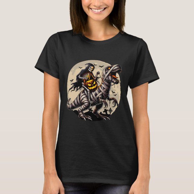 Camiseta Skeleton Riding Mummy Dinosaur T Rex Pumpkin Engra (Frente)