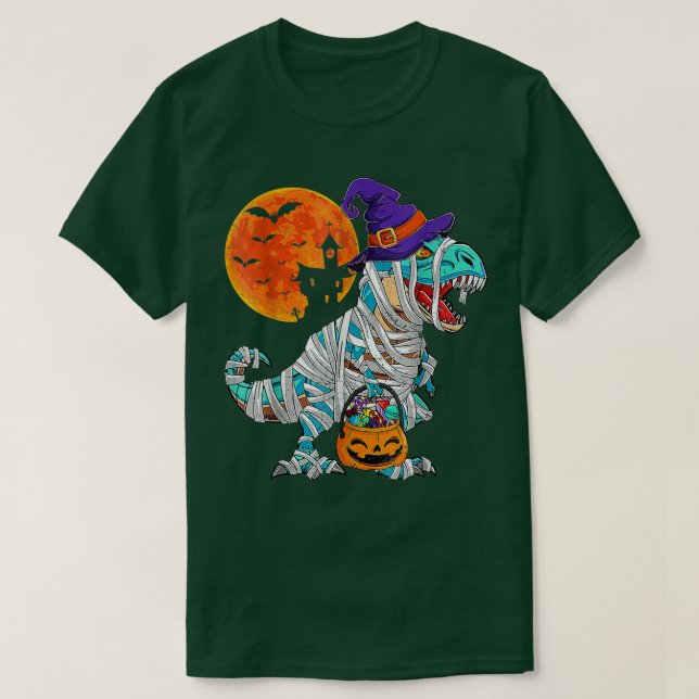 Camiseta Skeleton Riding Mummy Dinosaur T Rex Pumpkin Engra (Frente do Design)