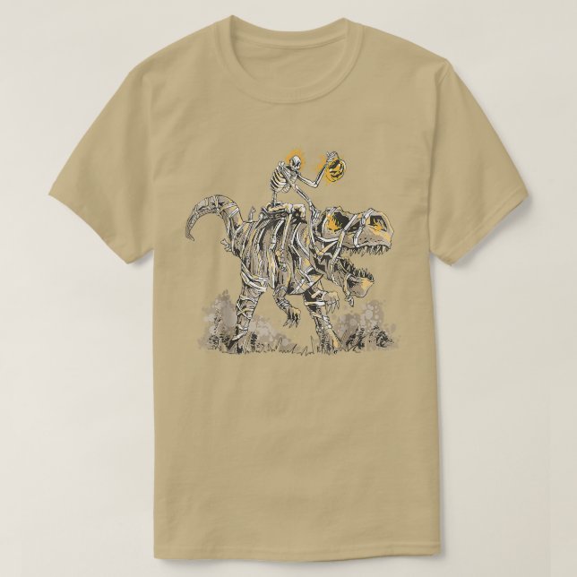 Camiseta Skeleton Riding Mummy Dinosaur T Rex Pumpkin Engra (Frente do Design)