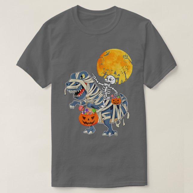 Camiseta Skeleton Riding Mummy Dinosaur T Rex Pumpkin Engra (Frente do Design)
