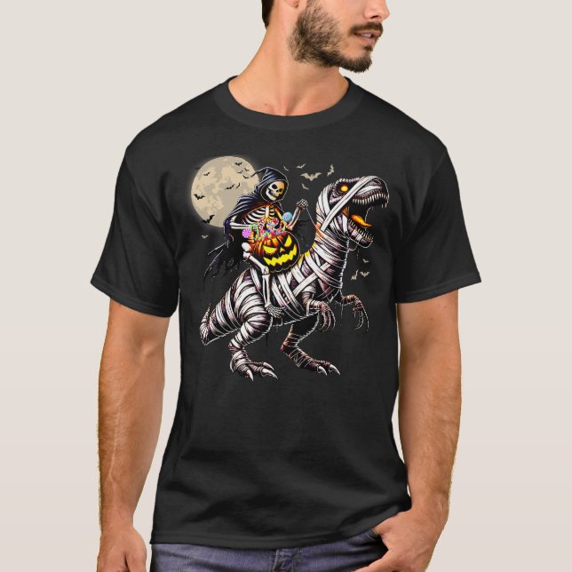 Camiseta Skeleton Riding Mummy Dinosaur T Rex Pumpkin Funny (Frente)