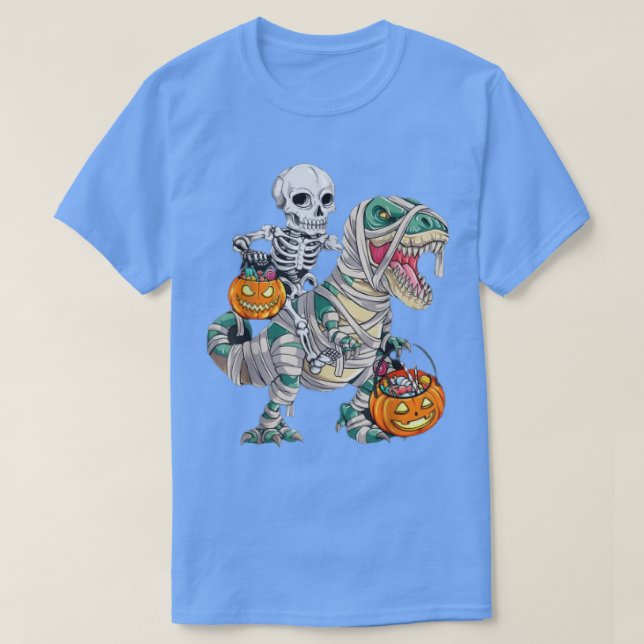 Camiseta Skeleton Riding Mummy Dinosaur T rex Pumpkin Funny (Frente do Design)