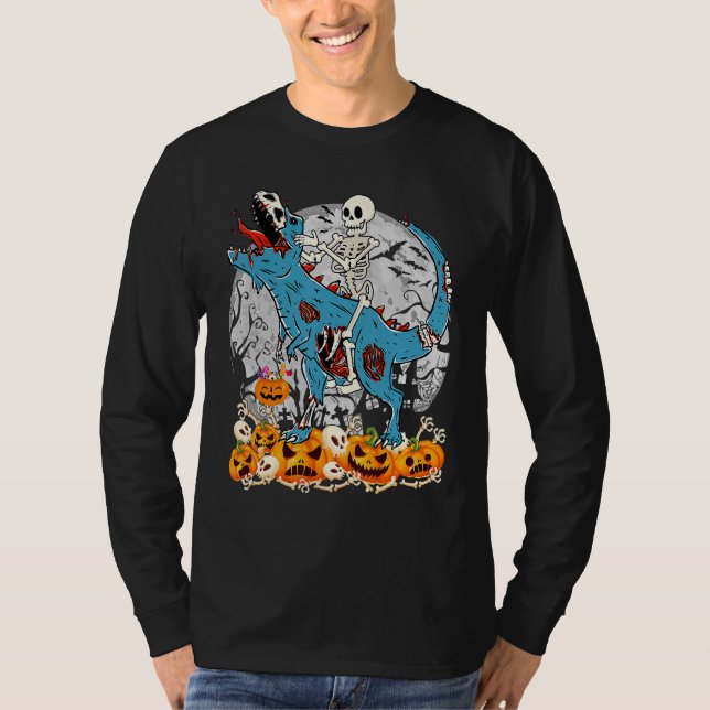 Camiseta Skeleton Riding Mummy Dinosaur T rex Scary Hallowe (Frente)