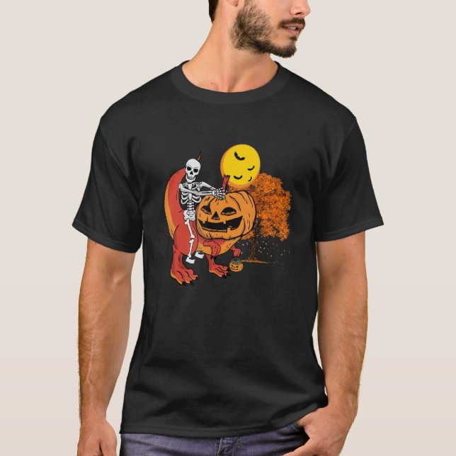 Camiseta Skeleton Riding Pumpkin Dinossauro engraçado Pumpk (Frente)