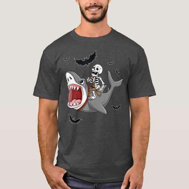 Camiseta Skeleton Riding Shark Dias de as Bruxas engraçados (Frente)