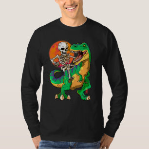 Camiseta Skeleton Riding T Rex Halloween Crianças Verde Din