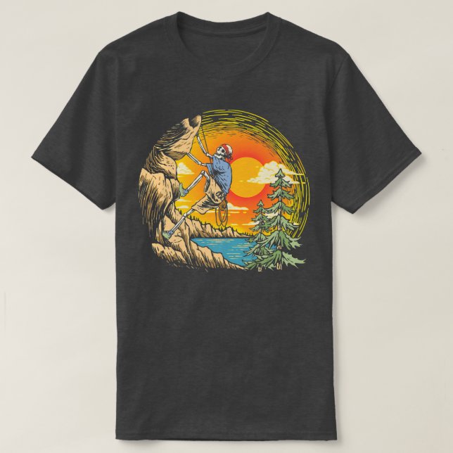Camiseta Skeleton Rock Climage Subindo e Boulderin (Frente do Design)