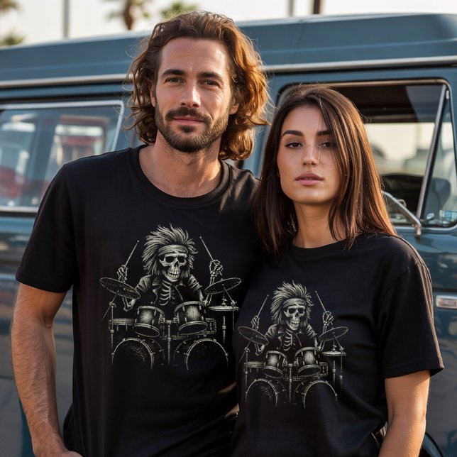 Camiseta Skeleton Rock Drummer - Música Spooky Halloween (Criador carregado)