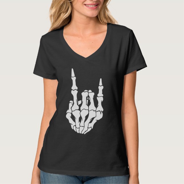 Camiseta Skeleton Rock Hand Sign Guitar Pick Guitarists Gui (Frente)