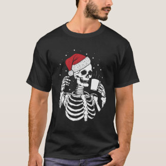 Camiseta Skeleton Santa Hat Bebendo Café Engraçado Natal