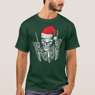 Camiseta Skeleton Santa Hat Rock E Roll Hand Legal Christm