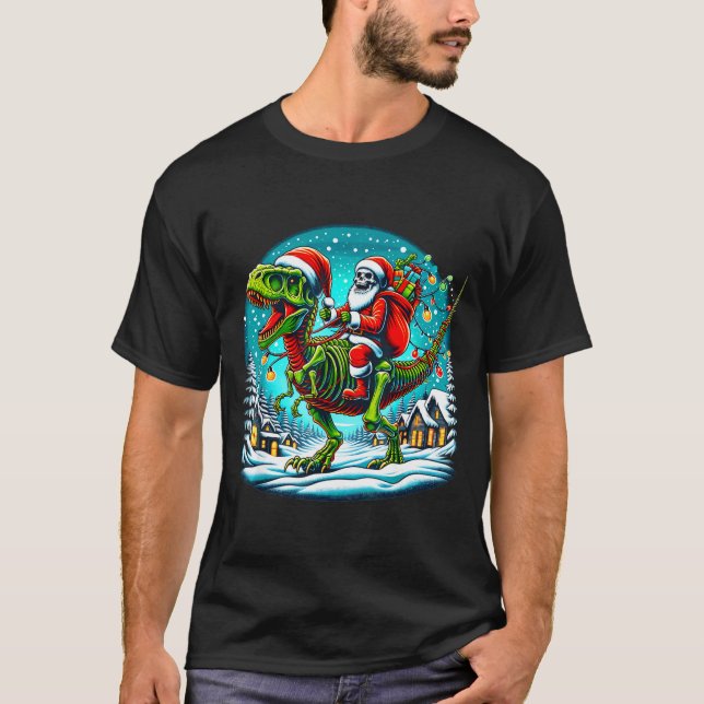 Camiseta Skeleton Santa Riding T Rex Dinosaur Funny Christm (Frente)