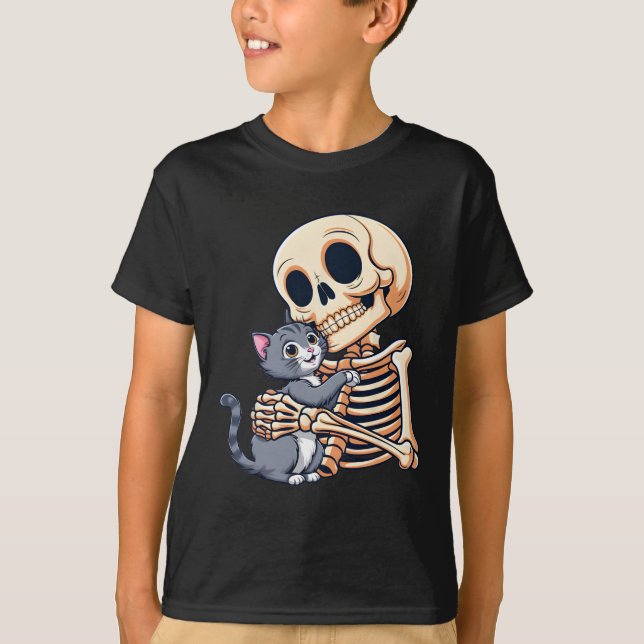 Camiseta Skeleton Segurando Um Gato Fora De Halloween Skul (Frente)