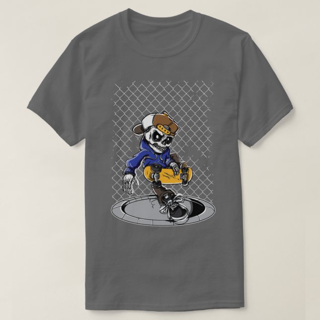 Camiseta Skeleton Skateboard Fence Manhole (Frente do Design)
