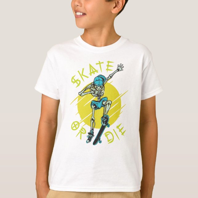 Camiseta Skeleton Skateboarder skate ou die (Frente)
