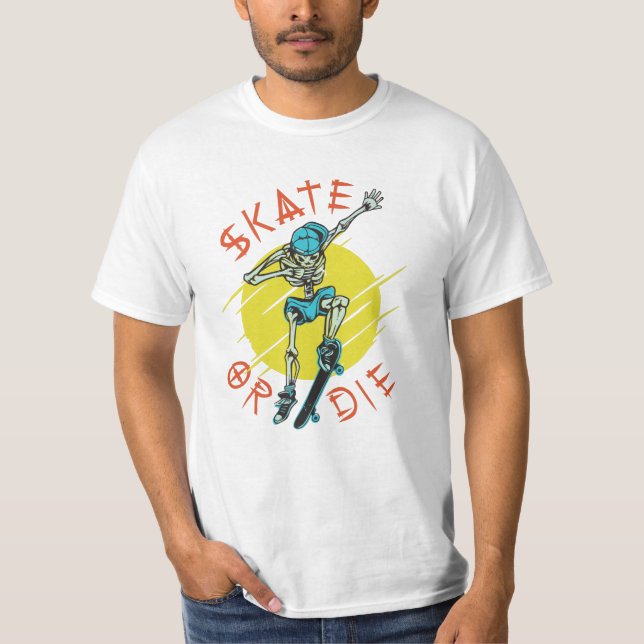 Camiseta Skeleton Skateboarder skate ou die (Frente)