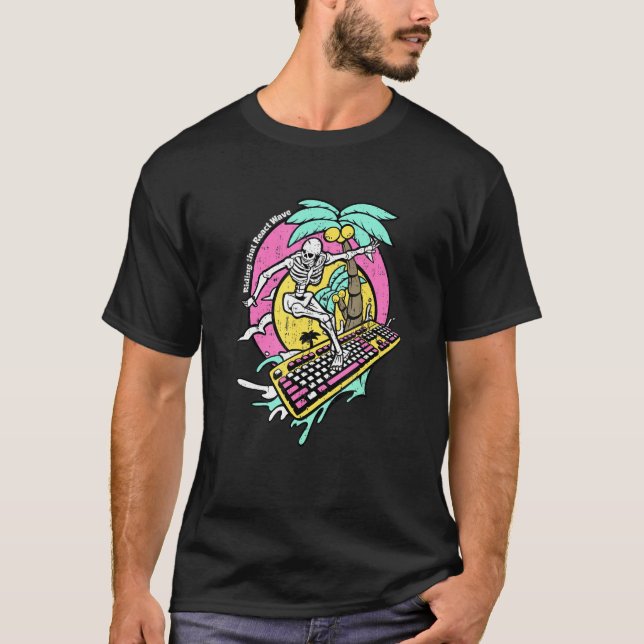 Camiseta Skeleton Surf Keyboard Skull Havaiian (Frente)