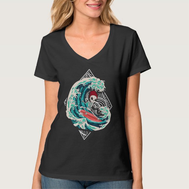 Camiseta Skeleton Surfer Waves Ocean Surfboard Surfing (Frente)