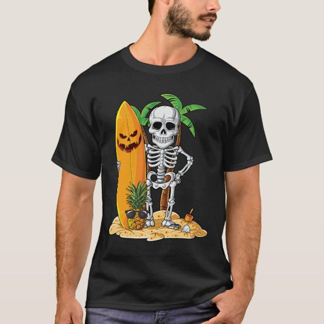 Camiseta Skeleton Surfing Halloween Hawaii Hawaii Homens Wo (Frente)