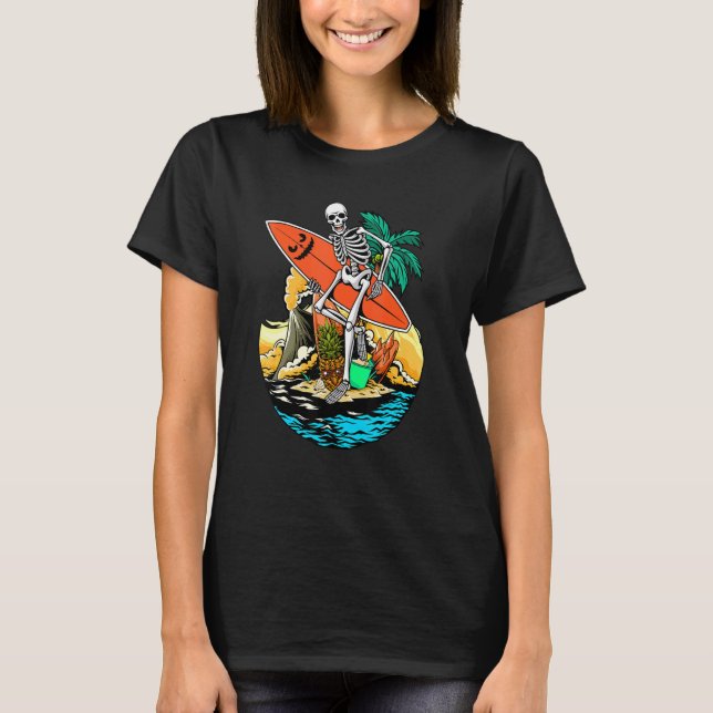 Camiseta Skeleton Surfing Jackolanterna Halloween Men Hawai (Frente)