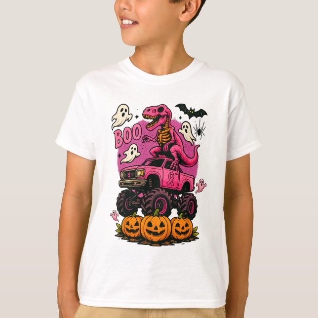 Camiseta Skeleton T Rex Dinossaur Monster Truck Pumpkin Bre (Frente)